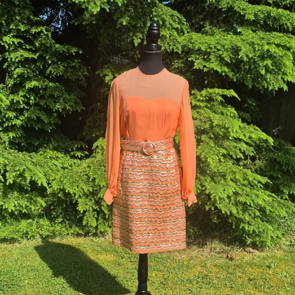 Vintage 2pc Vibrant Orange & Metallic Dress with Matching Jacket - 8 - Picture 2 of 10